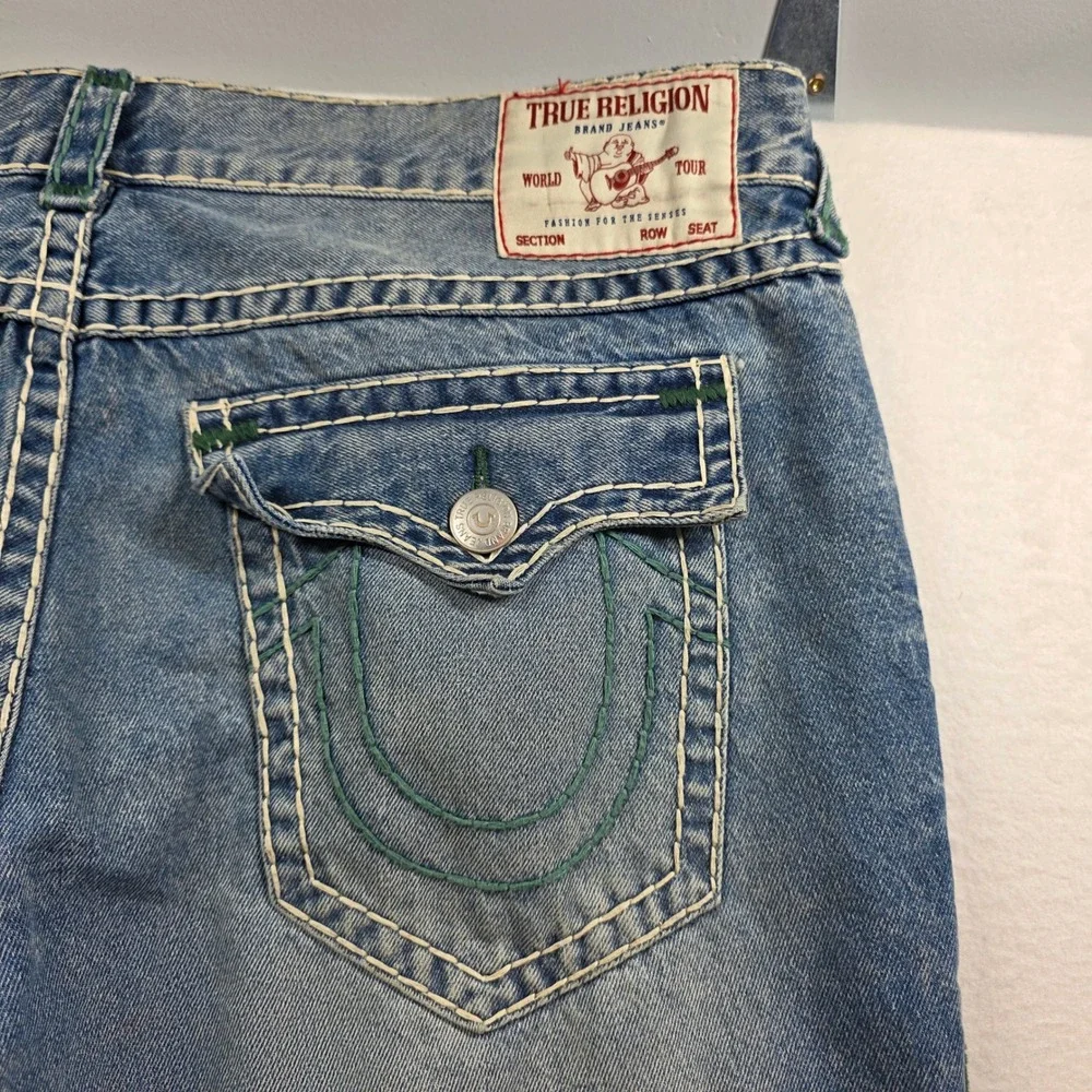 True Religion Ricky Relaxed Straight Men 42 Blue Super‎ T Stitch Acid Wash Jeans
